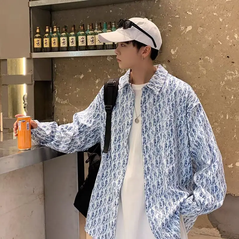 Men's Full Body Printed Long Sleeve Shirt White Gray - Image 5