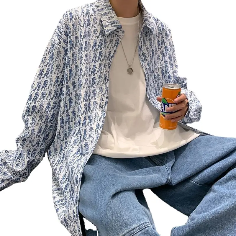 Men's Full Body Printed Long Sleeve Shirt White Gray - Image 6