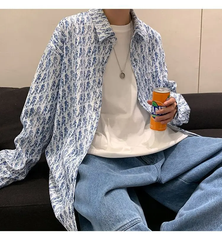 Men's Full Body Printed Long Sleeve Shirt White Gray — feature 3