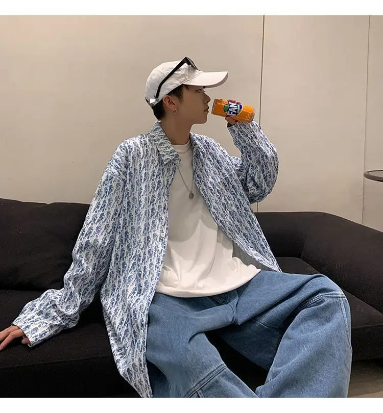 Men's Full Body Printed Long Sleeve Shirt White Gray — feature 4