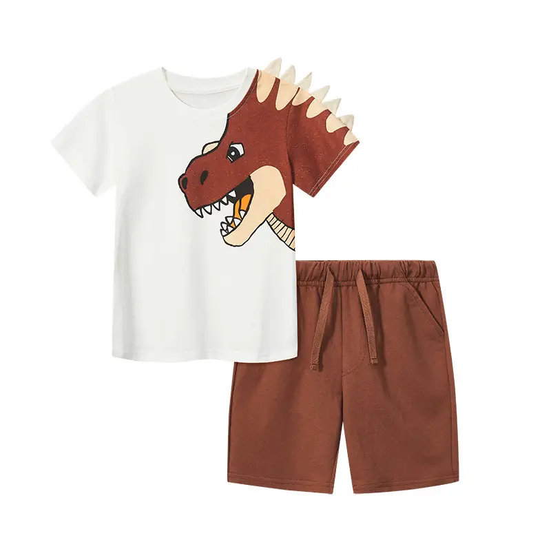 Boys Cartoon T-Shirt Shorts Set Brown White - Image 6