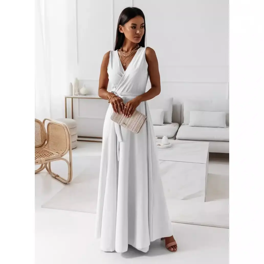 White V-Neck Long Dress for Women 2023 Summer - Image 6