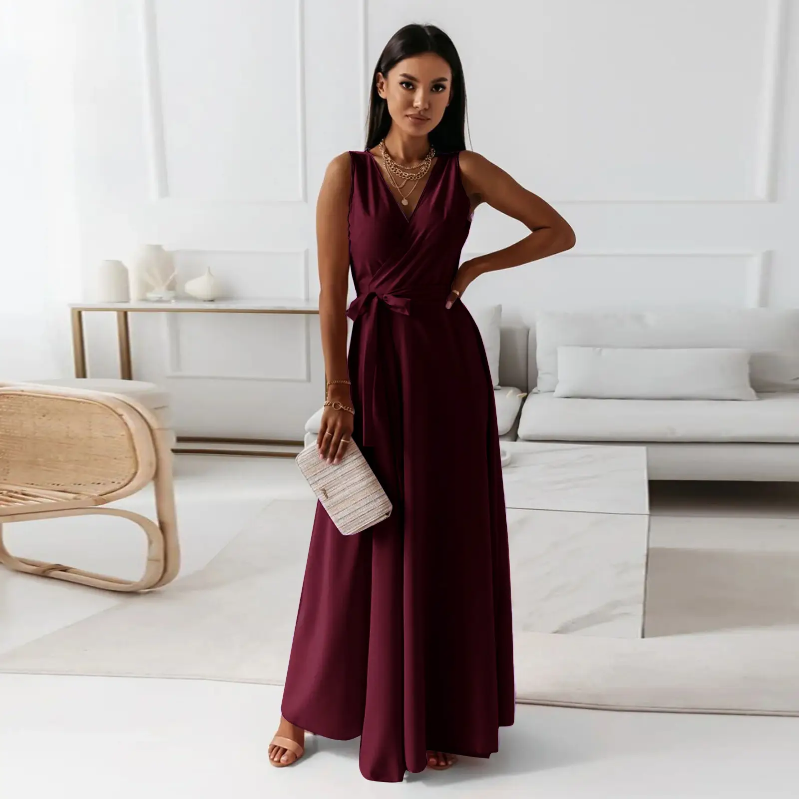White V-Neck Long Dress for Women 2023 Summer — feature 14