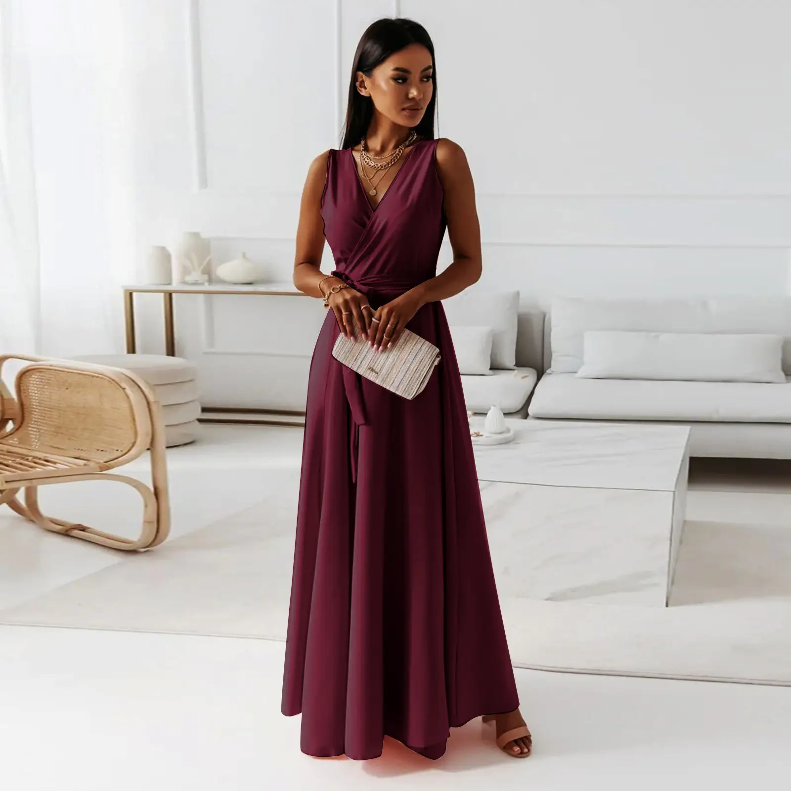 White V-Neck Long Dress for Women 2023 Summer — feature 15