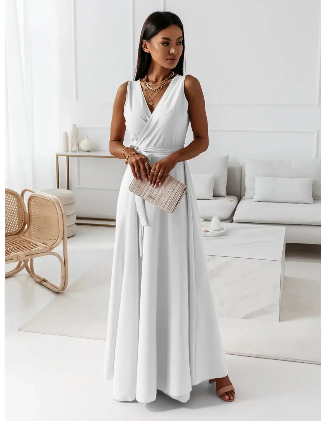 White V-Neck Long Dress for Women 2023 Summer — feature 25
