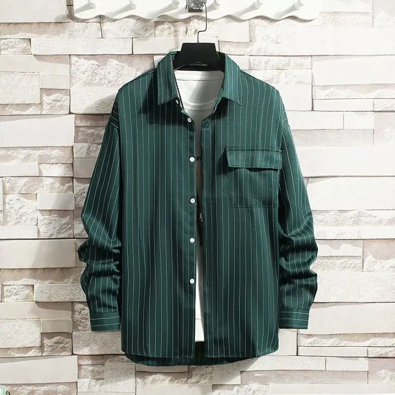 Men Vertical Striped Long Sleeve Shirt Black White Green - Image 5