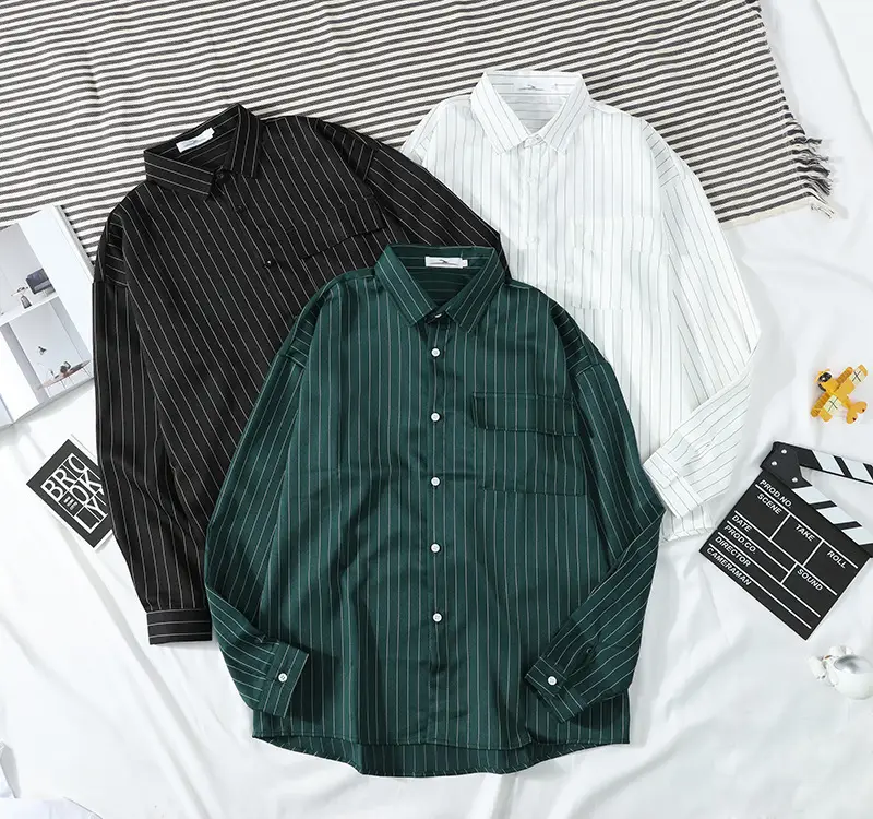 Men Vertical Striped Long Sleeve Shirt Black White Green - Image 7