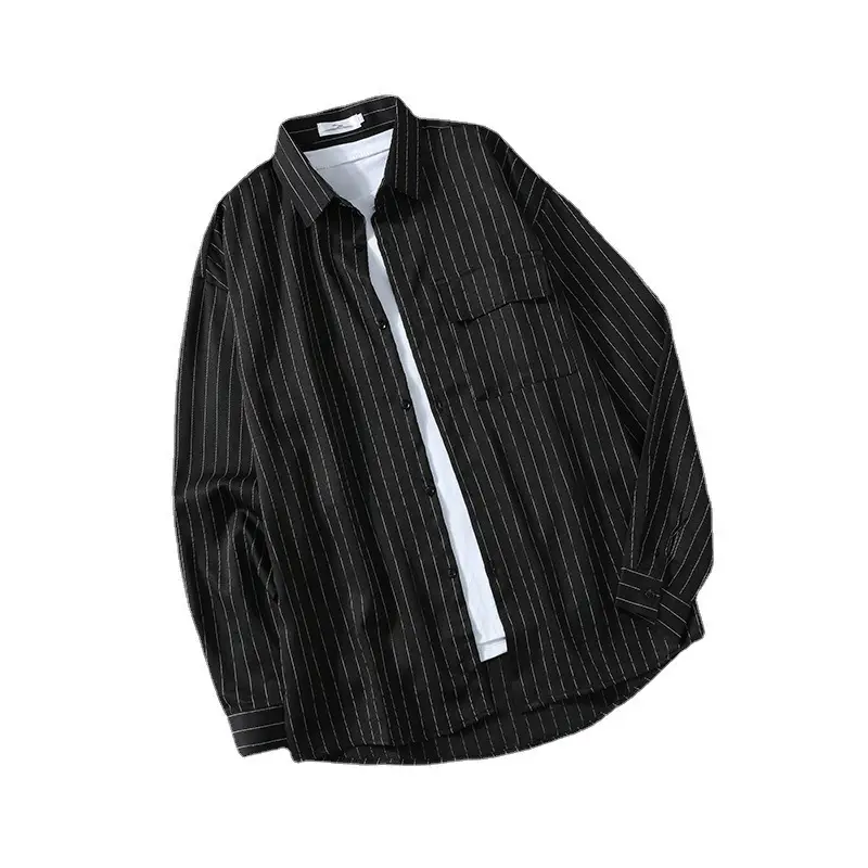 Men Vertical Striped Long Sleeve Shirt Black White Green - Image 8