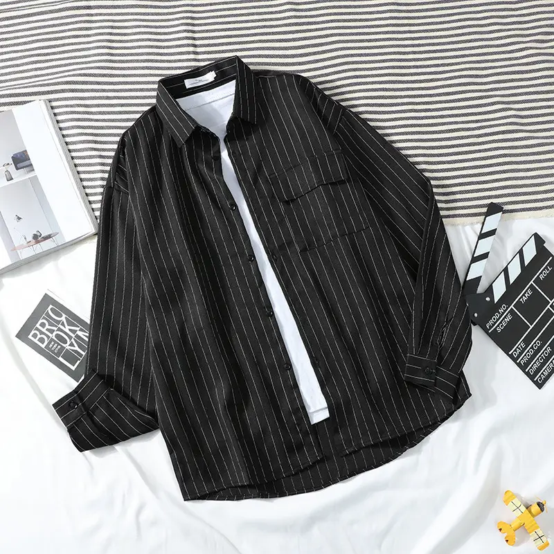 Men Vertical Striped Long Sleeve Shirt Black White Green - Image 2