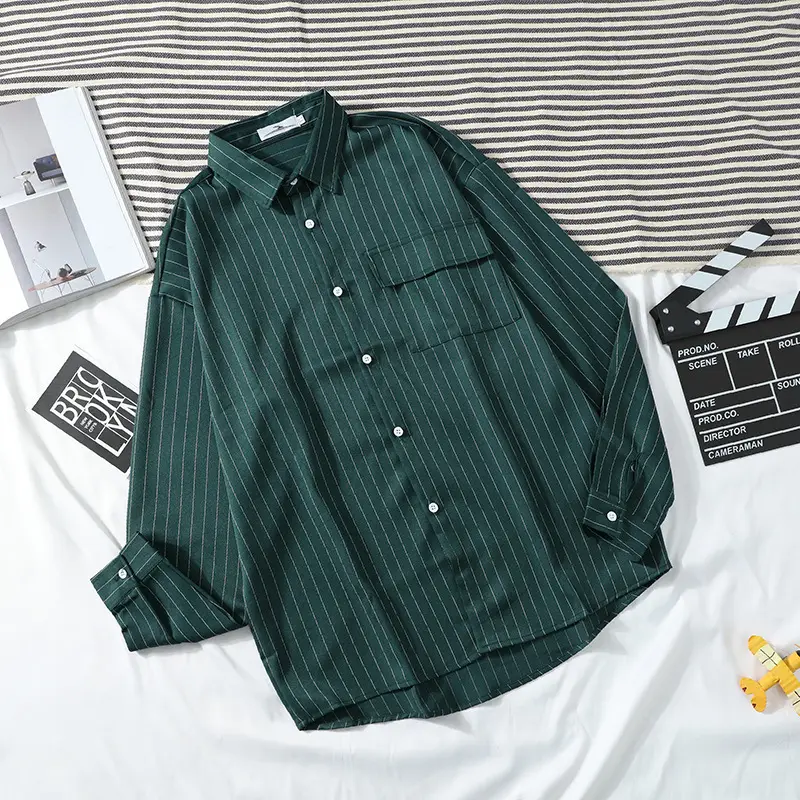 Men Vertical Striped Long Sleeve Shirt Black White Green - Image 3