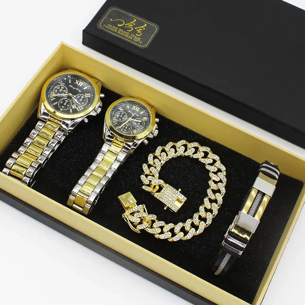 Gold Plated Couple Wristwatch Set with Diamond Bracelet - Image 5