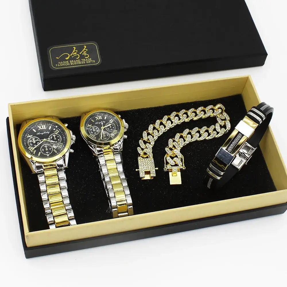 Gold Plated Couple Wristwatch Set with Diamond Bracelet - Image 6