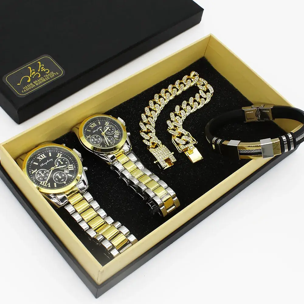 Gold Plated Couple Wristwatch Set with Diamond Bracelet - Image 7