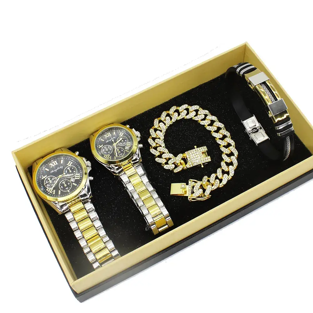 Gold Plated Couple Wristwatch Set with Diamond Bracelet - Image 8