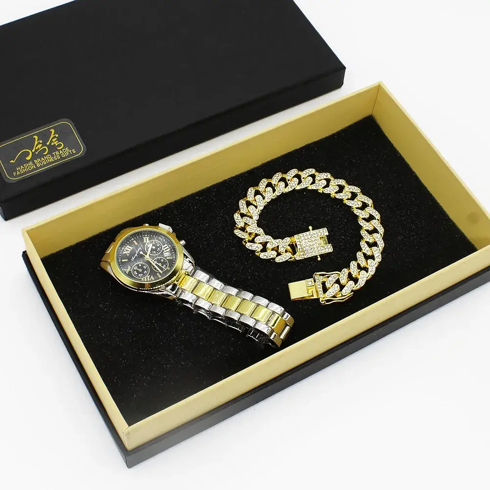 Gold Plated Couple Wristwatch Set with Diamond Bracelet - Image 2