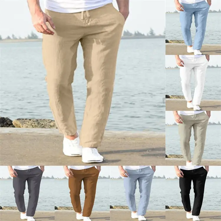 Men Linen Beach Pants Solid Color Skinny Drawstring - Image 11