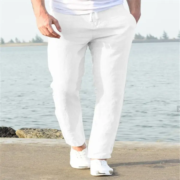 Men Linen Beach Pants Solid Color Skinny Drawstring - Image 12