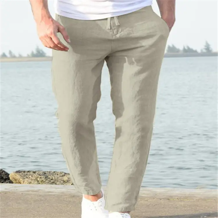 Men Linen Beach Pants Solid Color Skinny Drawstring - Image 14