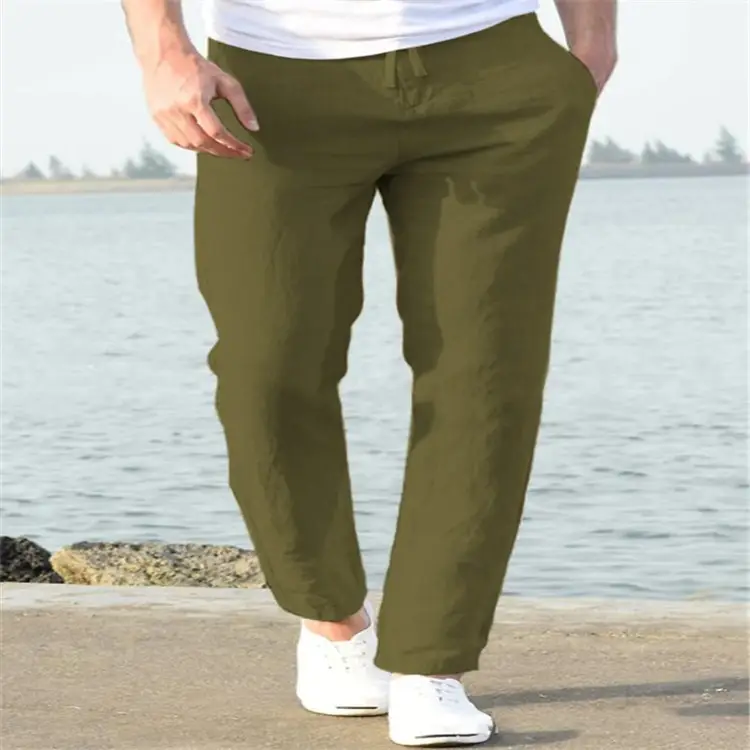 Men Linen Beach Pants Solid Color Skinny Drawstring — feature 11