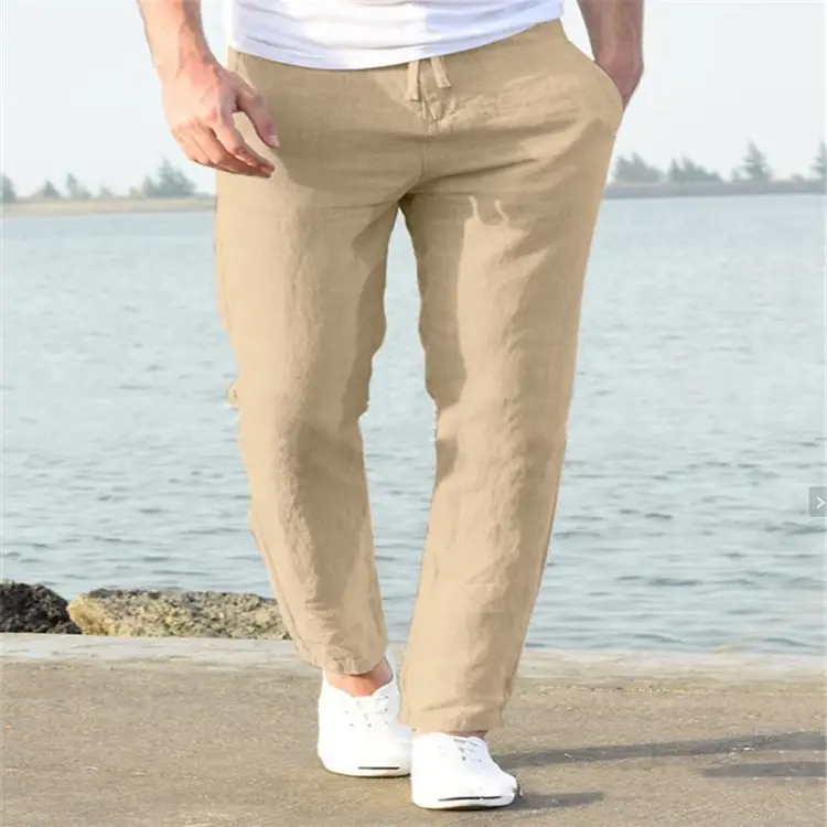 Men Linen Beach Pants Solid Color Skinny Drawstring — feature 3