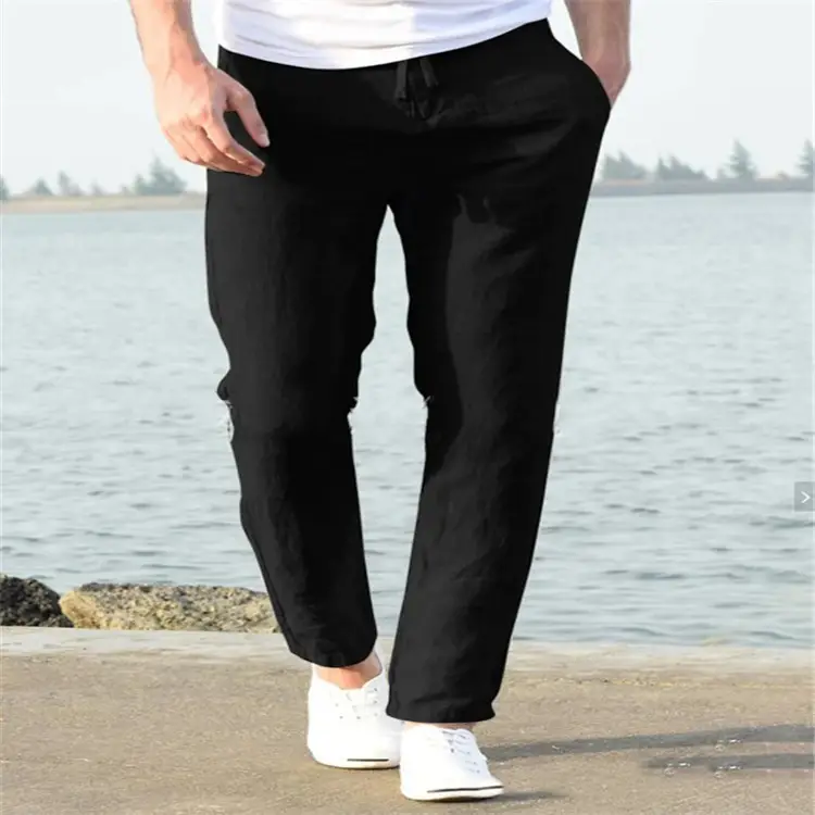 Men Linen Beach Pants Solid Color Skinny Drawstring — feature 4
