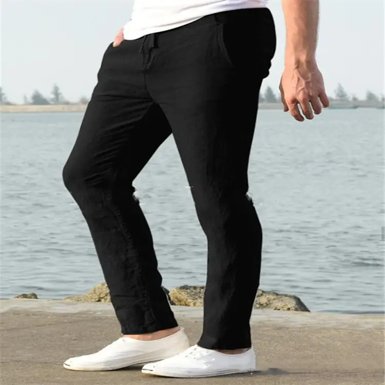 Men Linen Beach Pants Solid Color Skinny Drawstring — feature 5