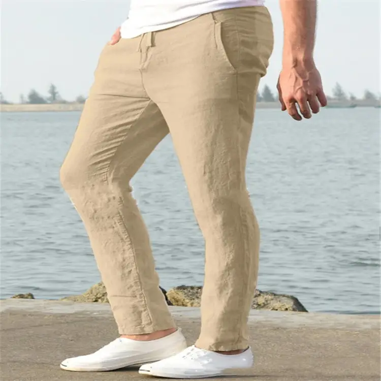 Men Linen Beach Pants Solid Color Skinny Drawstring — feature 6