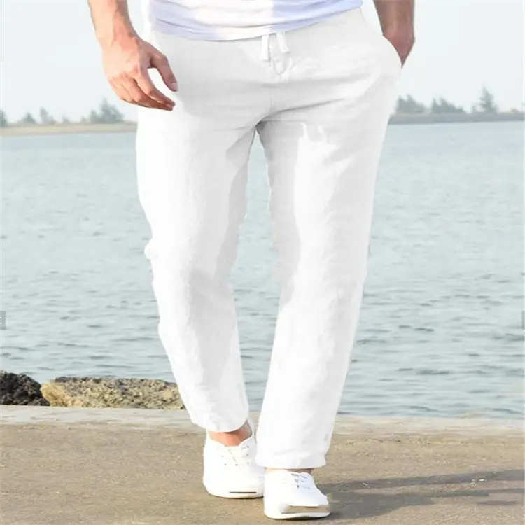 Men Linen Beach Pants Solid Color Skinny Drawstring — feature 7