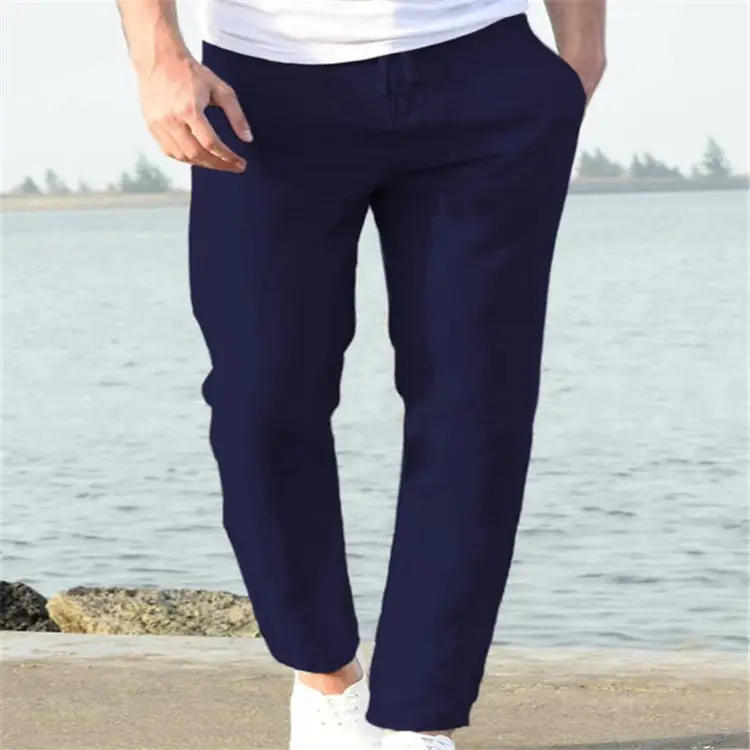 Men Linen Beach Pants Solid Color Skinny Drawstring - Image 3
