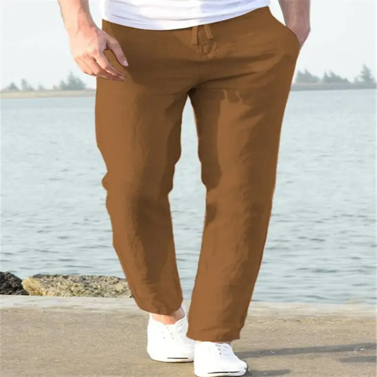 Men Linen Beach Pants Solid Color Skinny Drawstring - Image 4