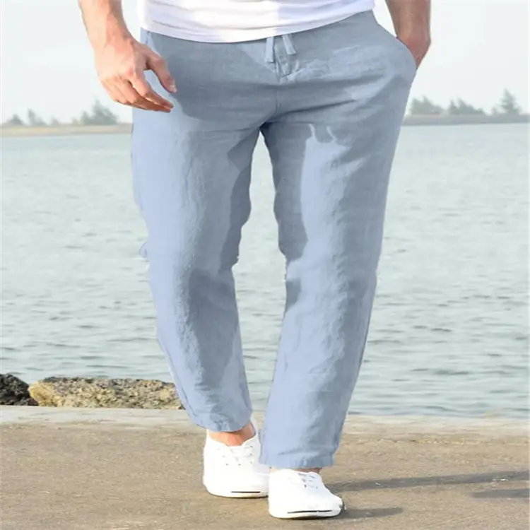 Men Linen Beach Pants Solid Color Skinny Drawstring - Image 5