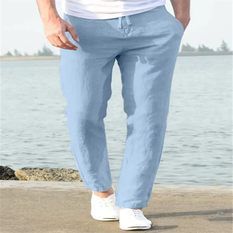 Men Linen Beach Pants Solid Color Skinny Drawstring - Image 6