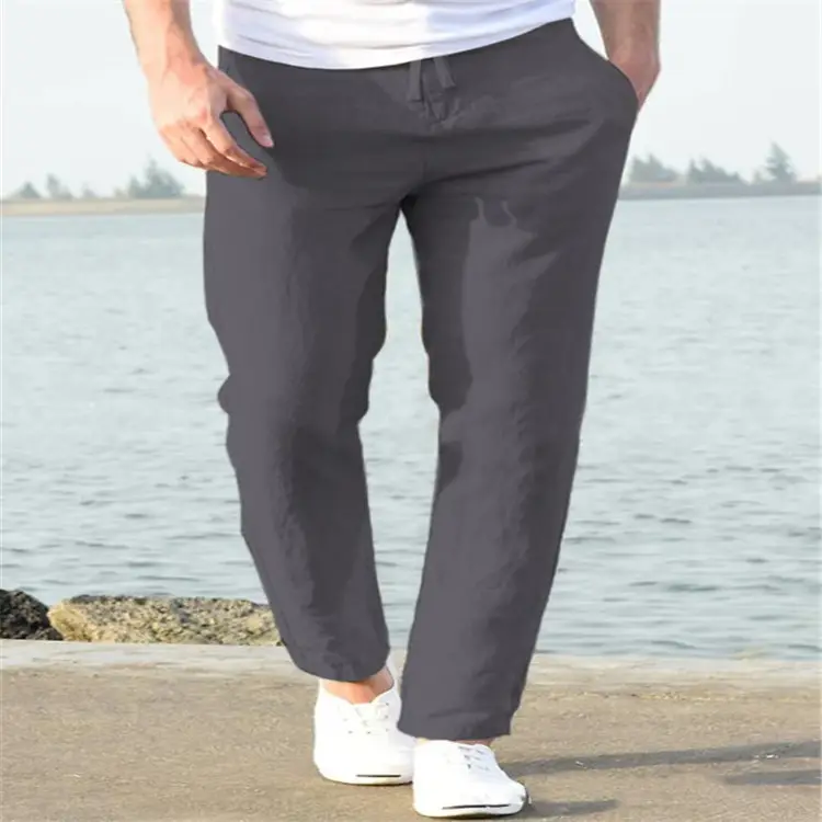 Men Linen Beach Pants Solid Color Skinny Drawstring - Image 7