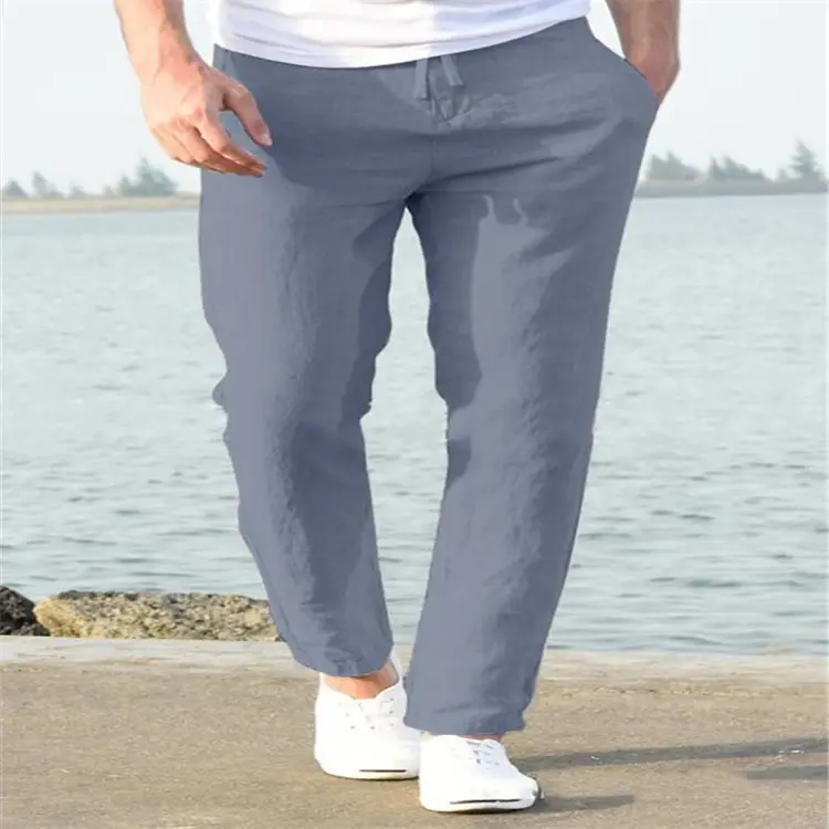 Men Linen Beach Pants Solid Color Skinny Drawstring - Image 8