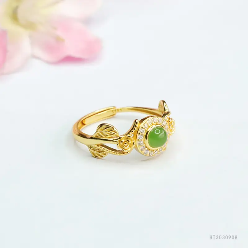 Guan Yu Inlaid Jade Ring Green Center S925 Silver - Image 4