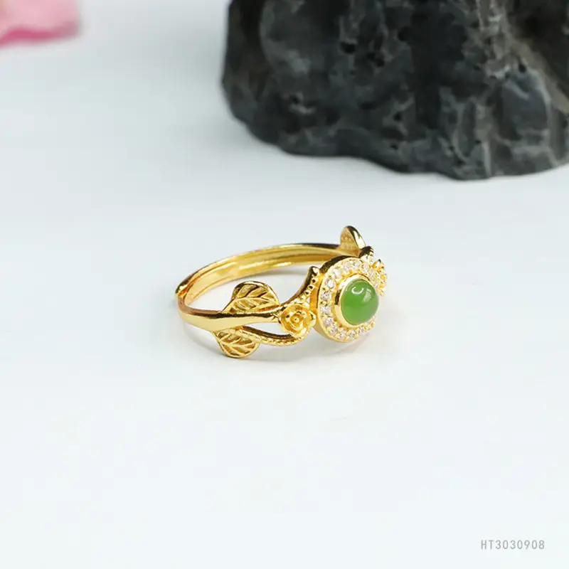 Guan Yu Inlaid Jade Ring Green Center S925 Silver — feature 11