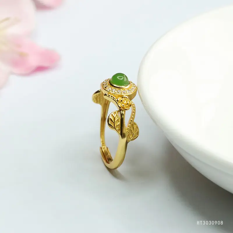 Guan Yu Inlaid Jade Ring Green Center S925 Silver — feature 7