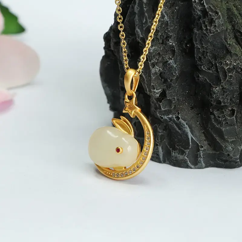 Guan Yu Jade Rabbit Pendant Necklace Gold Plated S925 - Image 3
