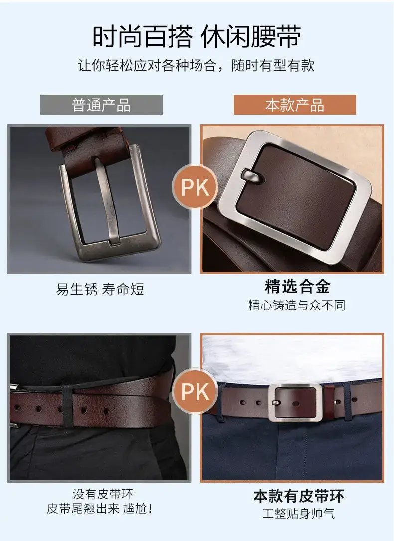 Men's Vintage Pin Buckle Black Cowhide Belt — feature 6