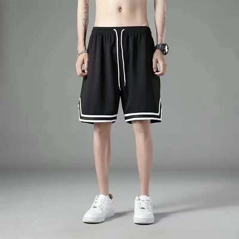 Men Mesh Running Shorts Black White Mid Length - Image 3