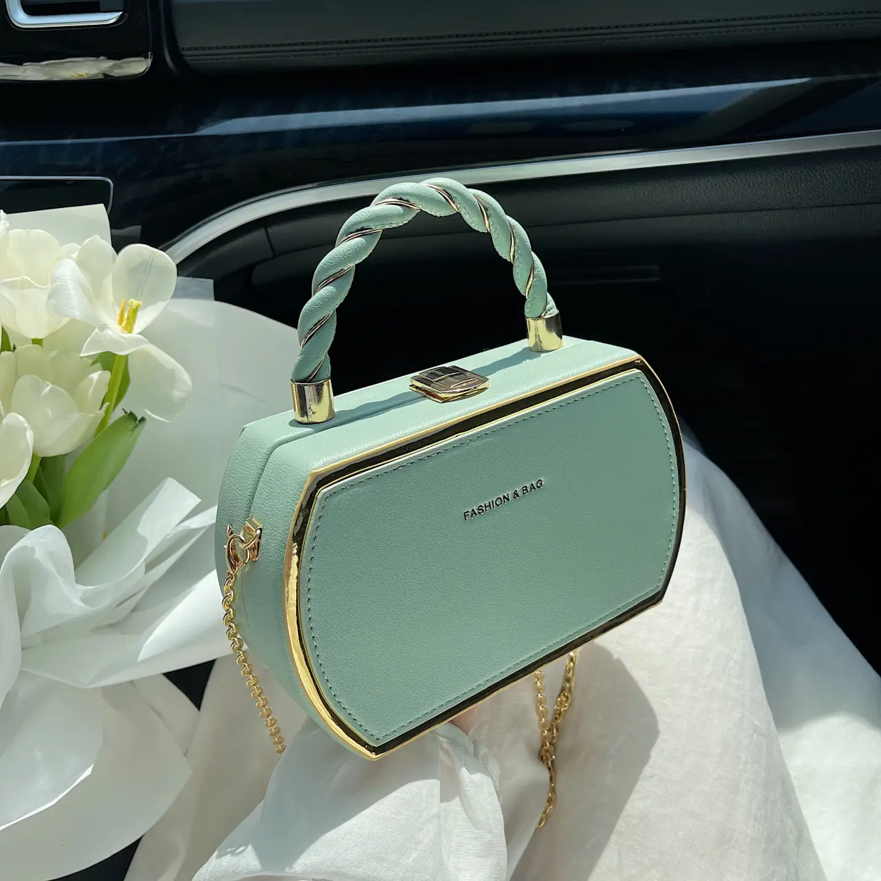 Women's Pink Chain Shoulder Bag with Gold Handle