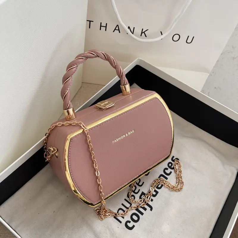 Women's Pink Chain Shoulder Bag with Gold Handle