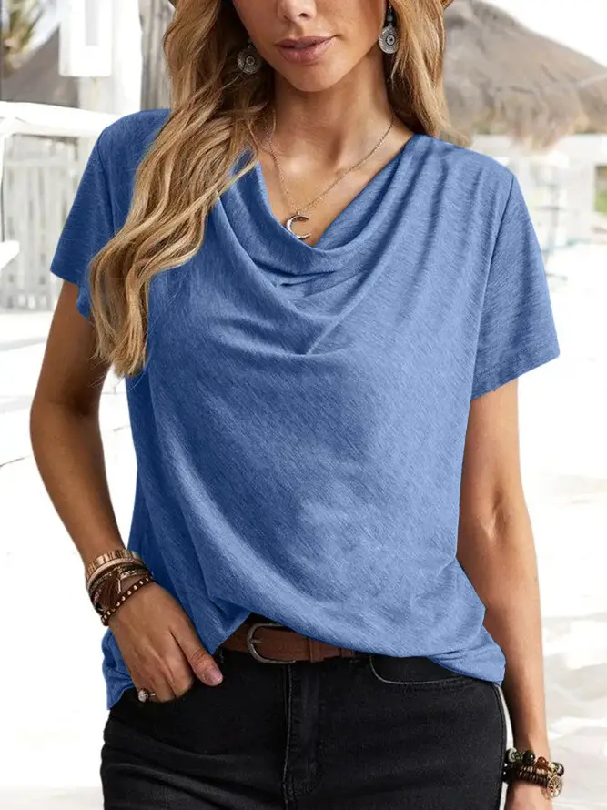 2023 Blue Cotton V-Neck Women's T-Shirt