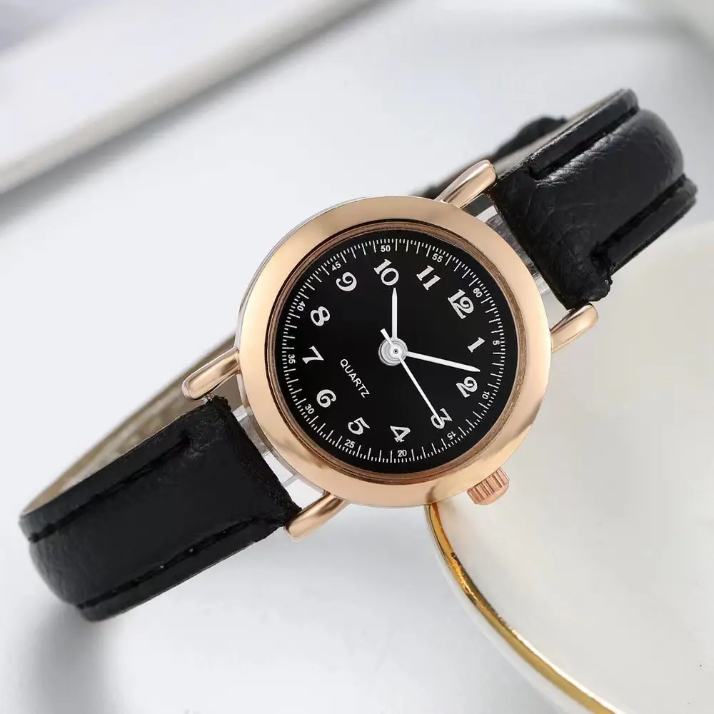 Women's Black Leather Strap Analog Watch with Rose Gold Case — feature 6