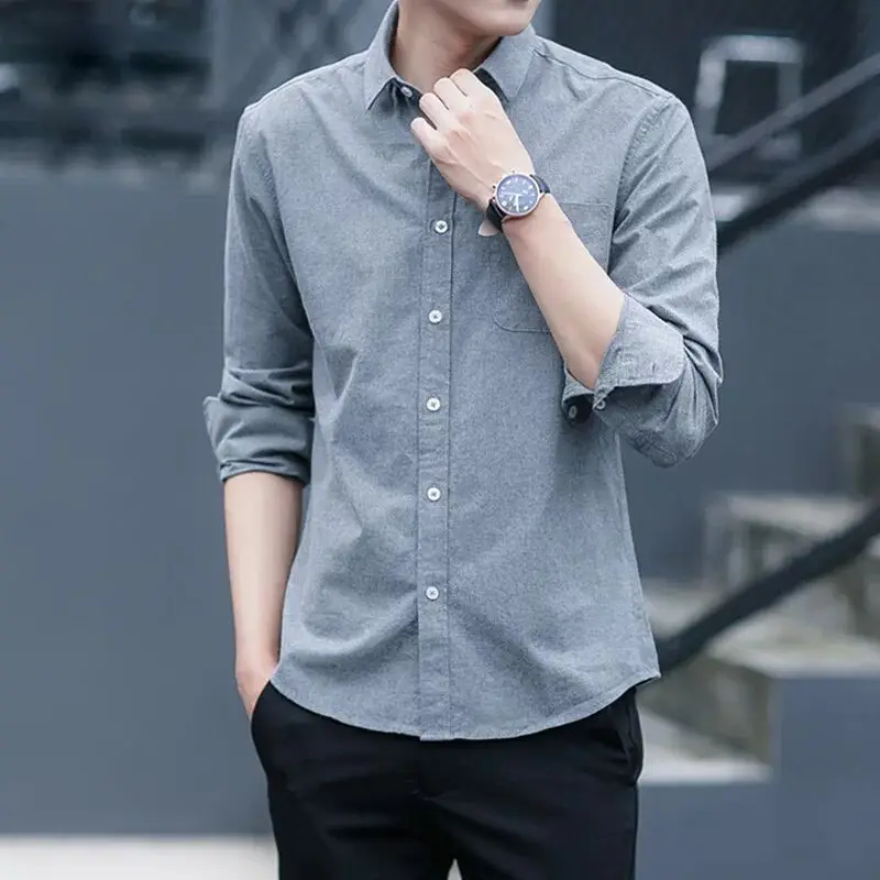 Men's Navy Blue Oxford Textile Long Sleeve Shirt - Image 32