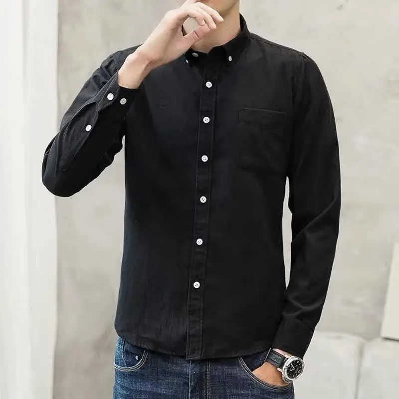 Men's Navy Blue Oxford Textile Long Sleeve Shirt - Image 33