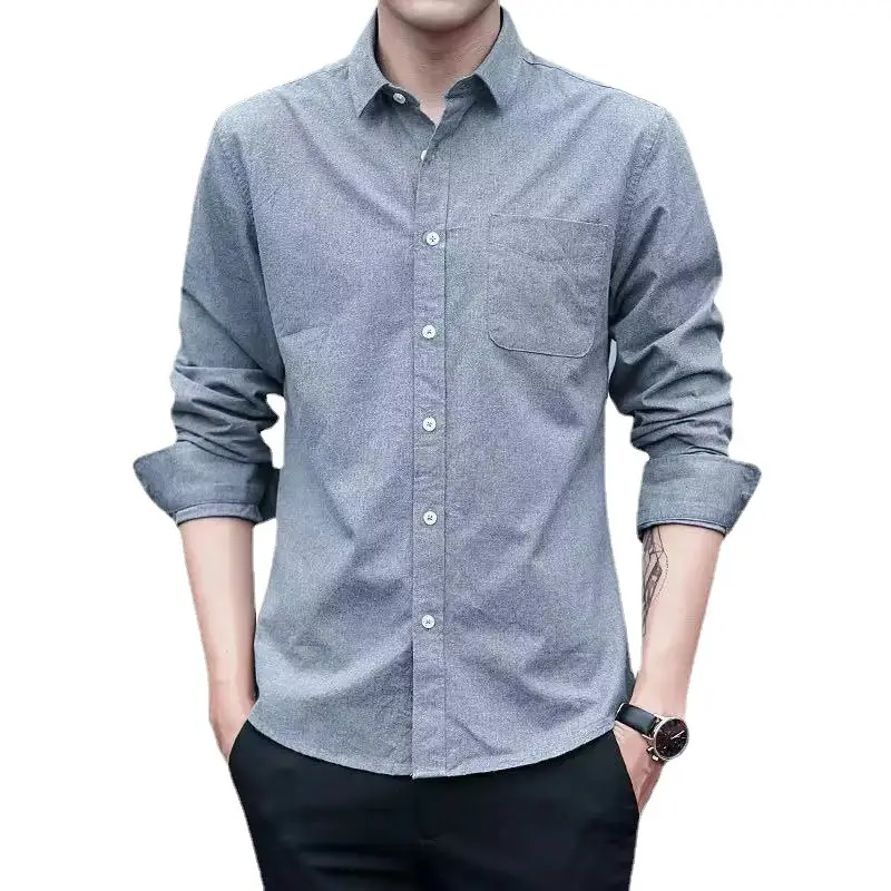 Men's Navy Blue Oxford Textile Long Sleeve Shirt - Image 35