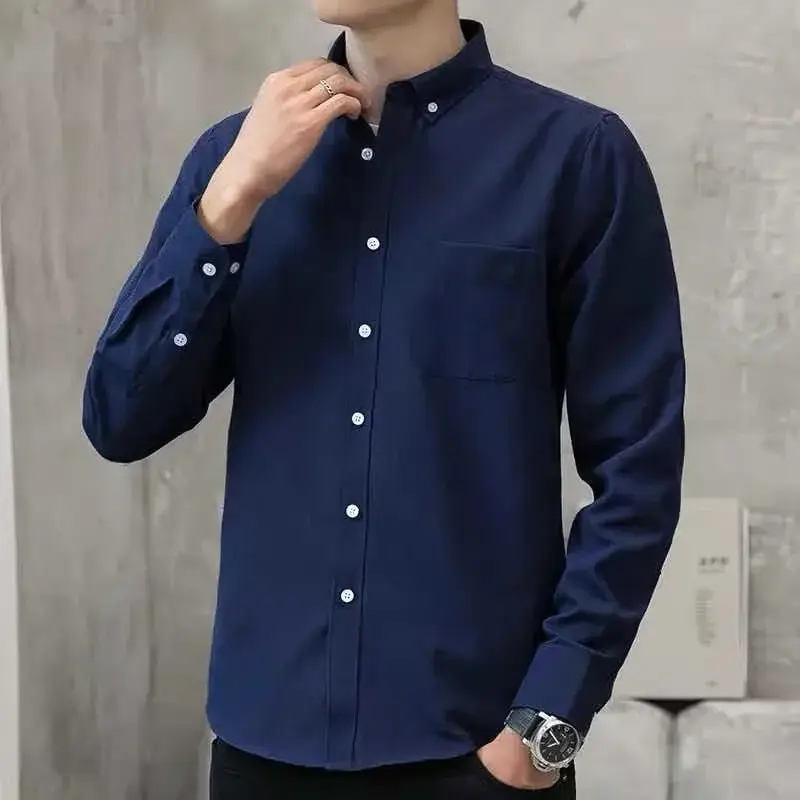 Men's Navy Blue Oxford Textile Long Sleeve Shirt - Image 25