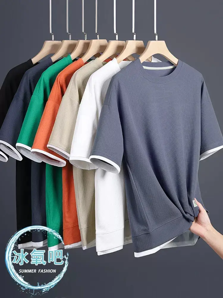 Men's Waffle Round Neck Short Sleeve Shirt Grey Large - Image 8