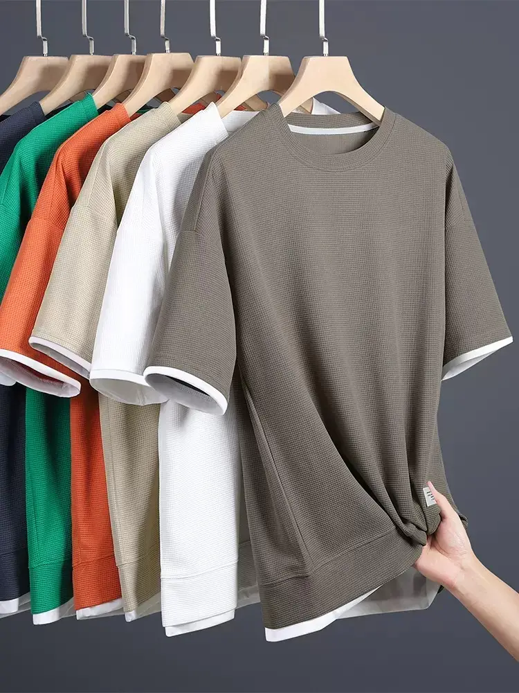 Men's Waffle Round Neck Short Sleeve Shirt Grey Large - Image 9